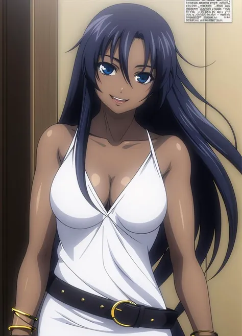 masterpiece, best quality, kan'u unchou, 1girl, solo, breasts, cleavage, long hair, hair over eye, blue eyes, looking at viewer, sweat, large breasts, business suit, collared shirt, pleated skirt, flashy gyaru, happy, showy,too many accessories, colorful , kogal, kogal gyaru, necklace, earrings, bra peek