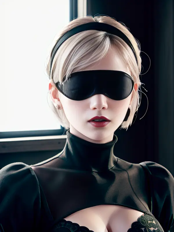 masterpiece, (photorealistic:1.4), best quality, beautiful lighting, yorha no. 2 type b, 1girl, wlop, ((blindfold)), breasts, cleavage, cleavage cutout, clothing cutout, green background, hair between eyes, hairband, highres, juliet sleeves, long sleeves, nier \(series\), nier automata, (puffy sleeves), red lips, shaded face, short hair, solo, turtleneck, upper body, white hair, sky,RAW photo, 8k uhd, film grain,