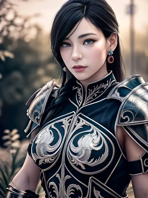 masterpiece, best quality, (photorealistic:1.9), beautiful lighting, (extremely detailed CG unity 4k fhd wallpaper),realistic,High Detail, Sharp focus, dramatic outdoors, 1girl, jewelry, earrings, long hair, blue eyes, black hair, (silvery cuirass), (shoulder armor), full body