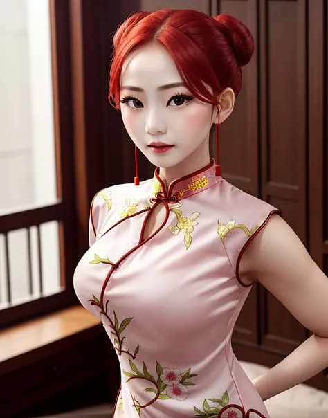 1girl ,red hair,wear cheongsam