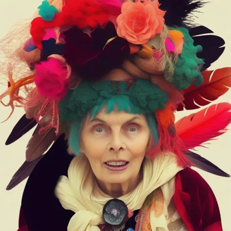 ohwx woman, with wide open eyes, dressed in feathers and plants, by Alberto Seveso <lora:test1-000180:1.3>