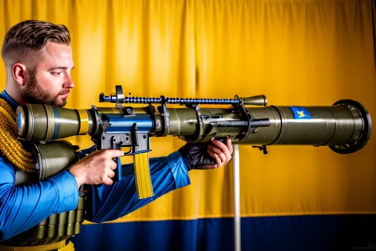 ((masterpiece)) ((high quality)) ((realistic)) Carl Gustaf 84mm on display with blue and yellow armor, museum, high contrast, <lora:epi_noiseoffset2:0.2>, global illumination, absurdres, <lora:Carl_Gustaf_84mm_vng:1>, swedish flag in background <lora:PLD_amor:0.7>