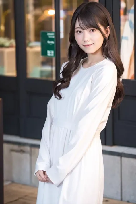 1girl, (wearing a cotton dress:1.4),(RAW photo, best quality), (realistic, photo-realistic:1.4), masterpiece, an extremely delicate and beautiful, extremely detailed, 2k wallpaper, Amazing, finely detail, extremely detailed CG unity 8k wallpaper, ultra-detailed, highres, soft light, beautiful detailed girl, extremely detailed eyes and face, beautiful detailed nose, beautiful detailed eyes,cinematic lighting,(in the city:2.0),perfect anatomy,slender body,smiling,(close up:1.0),(look at viewer),(front view:2.0),cinematic angle,(smooth long hair:1.2), (brown eyes:1.6), <lora:iizukamayu_lora-03:0.8>