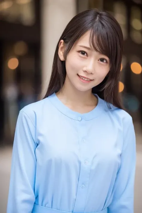 1girl, (wearing a light blue cotton clothes:1.4),(RAW photo, best quality), (realistic, photo-realistic:1.4), masterpiece, an extremely delicate and beautiful, extremely detailed, 2k wallpaper, Amazing, finely detail, extremely detailed CG unity 8k wallpaper, ultra-detailed, highres, soft light, beautiful detailed girl, extremely detailed eyes and face, beautiful detailed nose, beautiful detailed eyes,cinematic lighting,(in the city:1.6),perfect anatomy,slender body,smiling,(close up:1.4),(look at viewer),(front view:2.0),cinematic angle,(wavy short hair), (brown eyes:1.6), <lora:iizukamayu_lora-03:0.8>