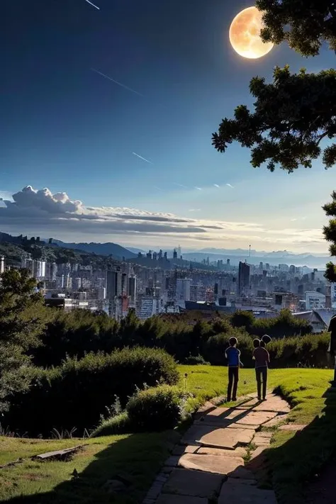 gfsqm, tree, scenery, Colombian mountain,silhouette,branch,moon, tree, 2boys, sky, multiple boys, full moon, cityscape, city, branch,best quality,masterpiece,realistic,