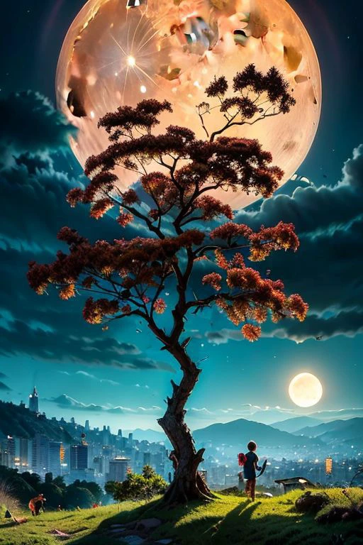 gfsqm, tree, scenery, Colombian mountain,silhouette,branch,moon, tree, 2boys, sky, multiple boys, full moon, cityscape, city, branch,best quality,masterpiece,realistic,