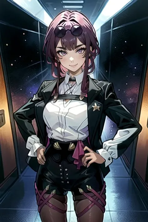 masterpiece, best quality,  <lora:Kafka-10:1> 1girl, kafka, solo, black jacket, pantyhose, eyewear on head, smirk, smug, hands on hips, looking at viewer, space station, hallway, cowboy shot