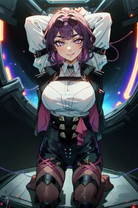 masterpiece, best quality, (science fiction:1.5), 1girl, kafka, black jacket, white shirt, (eyewear on head), (arms behind head, seiza:1.6), space station, futuristic, chromatic aberration, looking at viewer, bangs, upper body, closed mouth, smug, smirk, <lora:Kafka-10:1>