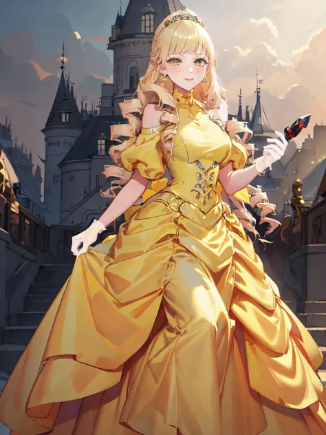 (masterpiece:1.1), (high resolusion:1.2), (illustration:1.05), (ultra detailed 8k art:1.05), perfect face, lustrous skin,  <lora:himenoran-10(1):0.8> himeno_ran, long dress, drill hair, blonde_hair, dress, earrings, gloves, long_hair, standing, white_gloves, yellow_dress, yellow_eyes,fullbody castle background, smile , blushed , holding sword