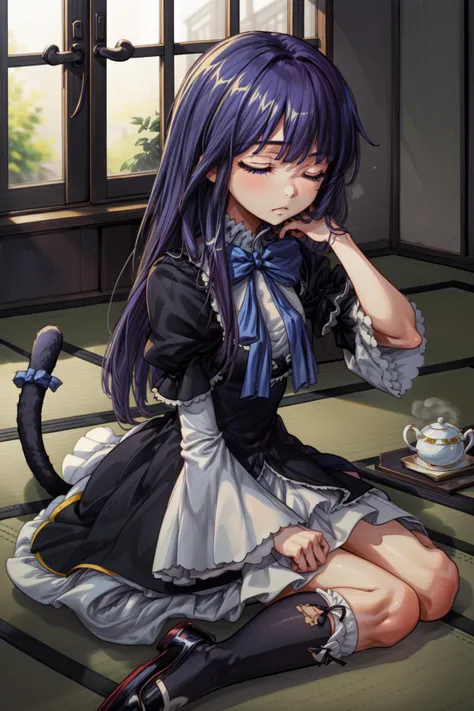 masterpiece,best quality,1girl,frederica bernkastel,purple hair,cat tail,tail bow,closed eyes,tail ornament,dress,bowtie,socks,expressionless,sitting,teacup,tatami,indoors,<lora:CHAR-Umineko-Frederica Bernkastel-SOSDAN:0.9>, <lora:Concept-control tool-add_detail-CyberAIchemist:0.8>