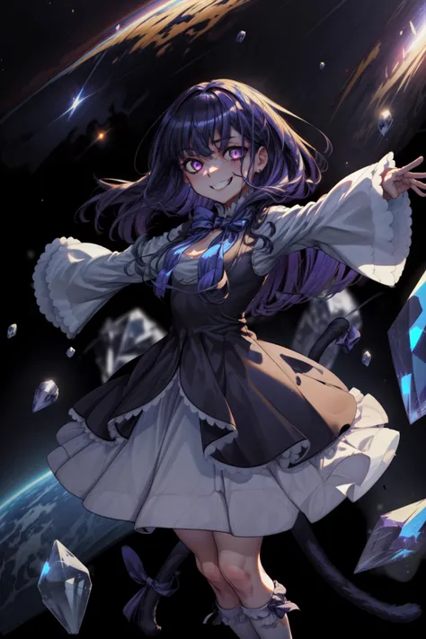 masterpiece,best quality,1girl,frederica bernkastel,purple hair,cat tail,tail bow,purple eyes,tail ornament,dress,bowtie,socks,evil grin,(glowing eyes),outstretched arms,outer space,surrounded by floating crystal,cowboy shot,<lora:CHAR-Umineko-Frederica Bernkastel-SOSDAN:0.9>, <lora:Concept-control tool-add_detail-CyberAIchemist:1>