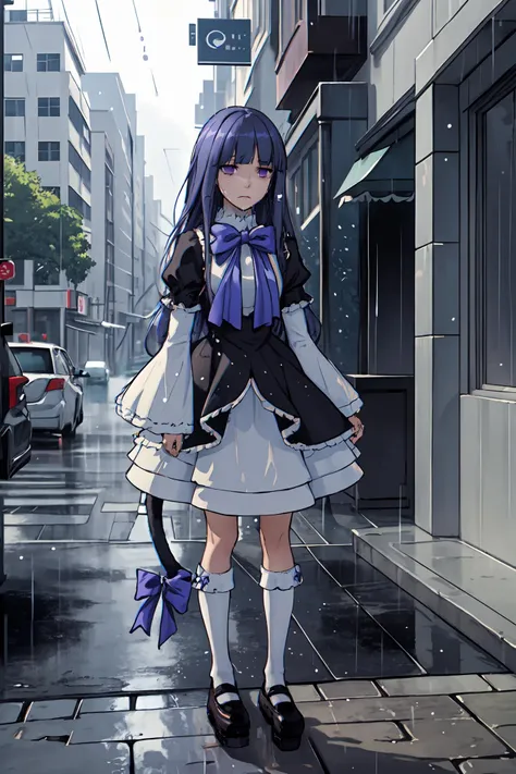 (masterpiece),best quality, <lora:Bernkastel:0.9>, frederica bernkastel,dress,  tail bow, cat tail, bowtie, purple eyes, purple hair,mary janes,  socks,  blank eyes, empty eyes,  (raining day:1.2), cloud, street, sidewalk, wet clothes