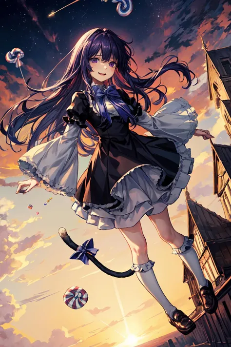 (masterpiece),best quality, <lora:Bernkastel:0.8>, frederica bernkastel, dress, tail bow, purple hair, bowtie, cat tail,, socks,(crazy eyes:1.2), (troll face), (flying), (candy:1.4), sky, outside, red sky, milky way, <lora:Adddetail:0.8>