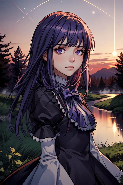 (masterpiece),best quality, <lora:Bernkastel:0.9>, frederica bernkastel, dress, purple hair, inexpressive face, empty eyes, (((portrait:1))),close,  outside, (manor far away), sea, persistent stare, hills, forest, ((night)), red sky, milky way, shooting star,  fog, mist, <lora:Adddetail:0.7>, looking at the viewer