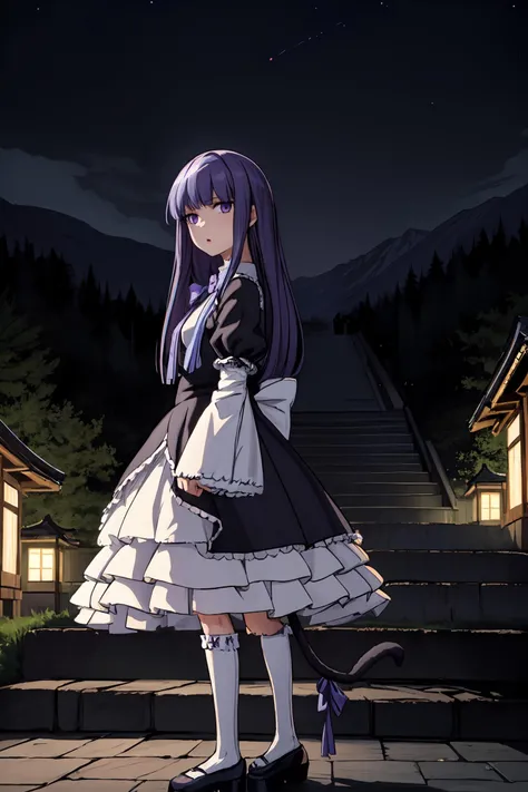 (masterpiece),best quality, <lora:Bernkastel:1>, frederica bernkastel, dress, tail bow, cat tail, bowtie, purple eyes, purple hair,mary janes, socks, stairs, japanese temple, mountain, forest, ((night)), <lora:Adddetail:0.7>, looking at the viewer