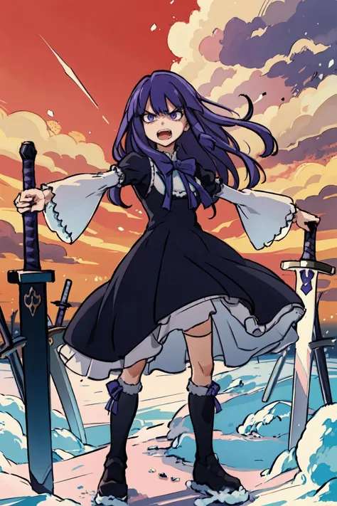 (masterpiece),best quality, <lora:Bernkastel:0.85>, frederica bernkastel, dress,cat tail, tail bow, tail ornament, purple hair, , angry, open mouth, crazy face, <lora:ubw:0.8> , solo, planted, planted sword, holding sword, snow, red sky, weapons, snow, shooting stars,