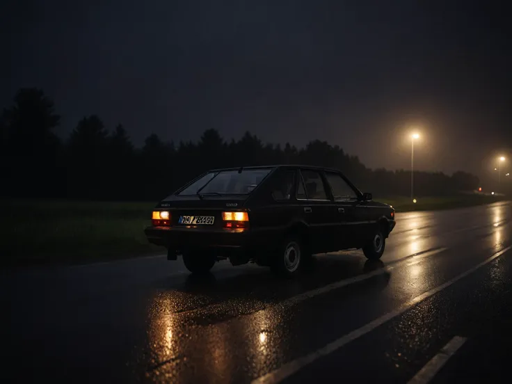 cinematic film still cinematic photo side view of 80s polish hatchback car, driving on an empty highway during a nighttime downpour,  epic still shoot <lora:add-detail-xl:1>  <lora:80s polish hatchback car:1> . 35mm photograph, film, bokeh, professional, 4k, highly detailed . shallow depth of field, vignette, highly detailed, high budget Hollywood movie, bokeh, cinemascope, moody, epic, gorgeous, film grain, grainy