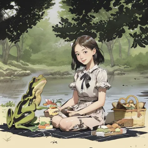 1girl having a picnic with frogs, <lora:watercolor imagerya_20231214112636:1>