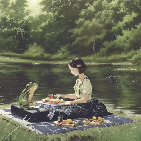 1girl having a picnic with frogs, <lora:watercolor imagerya_20231214112636:1>
