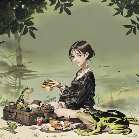 1girl having a picnic with frogs, <lora:watercolor imagerya_20231214112636:1>