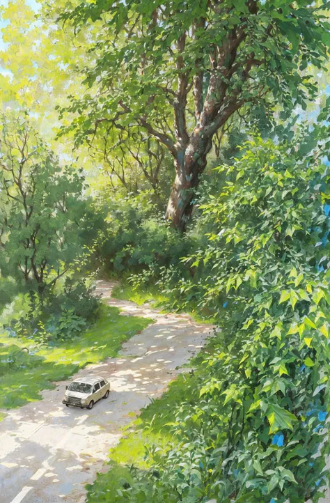 no humans, ground vehicle, motor vehicle, outdoors, car, road, traditional media, green theme, scenery, painting (medium), tree, forest, best quality <lora:watercolor imagerya:0.75>