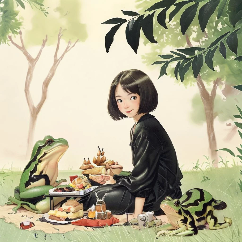 1girl having a picnic with frogs, <lora:watercolor imagerya_20231214112636:1>