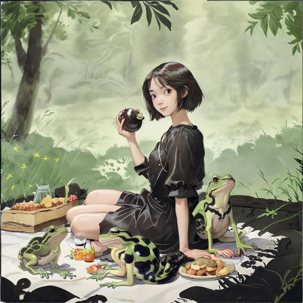 1girl having a picnic with frogs, <lora:watercolor imagerya_20231214112636:1>