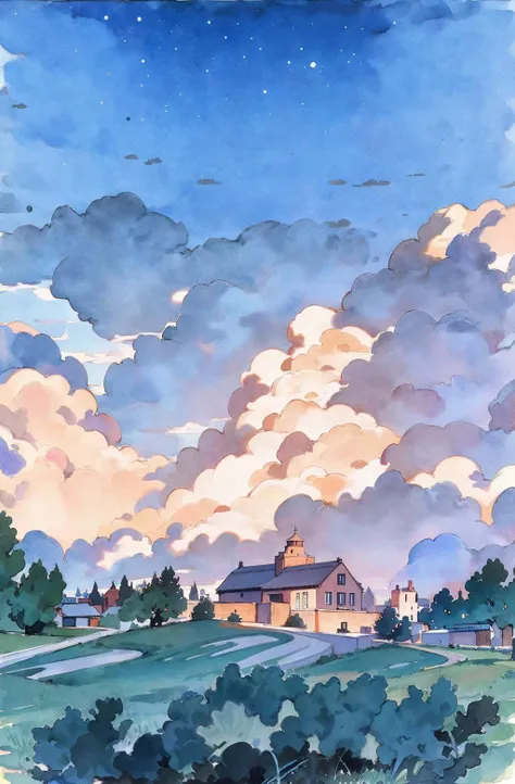 no humans, cloud, scenery, sky, painting (medium), outdoors, traditional media, watercolor (medium), tree, building, cloudy sky, mountain, blue sky, lamppostï¼sky, best quality <lora:watercolor imagerya:0.78>