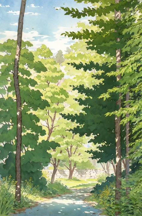 tree, no humans, outdoors, traditional media, painting (medium), watercolor (medium), day, scenery, nature, branch, plant, dappled sunlight,ï¼sky, best quality  <lora:watercolor imagerya:0.78>