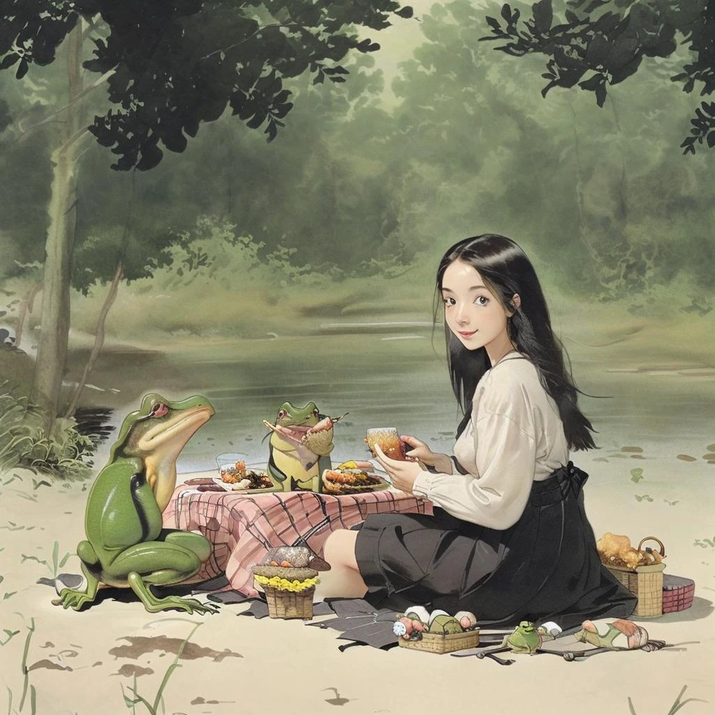 1girl having a picnic with frogs, <lora:watercolor imagerya_20231214112636:1>