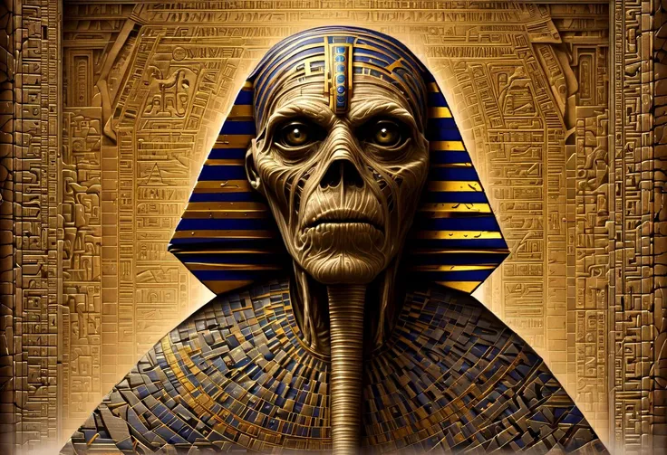 a skull with pharaoh's adornments, and an illuminating eye on the head with gold and turban, atmosfera sombria e tensa, with a serious expression, full of power and arrogance, little light in the scene, terror and fear, tension in the air