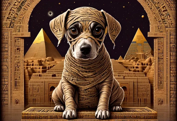H.P. Lovecraft book cover (cute dog:1.2) in (eddie:1.5) style, looking like a mummy, in egypt, pyramids,  hyper detailed, highly intricate,,,. Unnamable ancient one, incomprehensible sanity-blasting geometries, cosmic horror