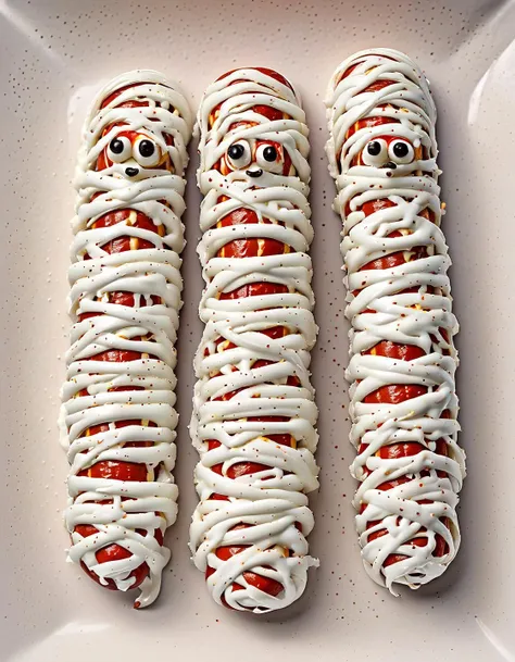 Food Photography a sausage, hot dog in (Eddie:1.15) style, looking like a mummy, hyper detailed, highly intricate, ,,, Food Photography, often for culinary presentations, delicious visuals, or gastronomic art.