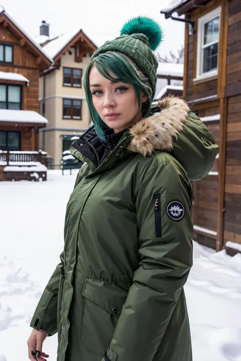 r4inp4ris, a woman with green hair, wearing a parka in snow  <lora:r4inp4ris:0.8>