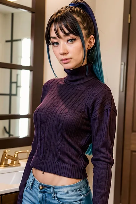 Full body, standing, (photo, highest quality), (realistic, photorealistic) Fei Liang 25 year old Asian Chinese girl, so beautilul and very detailed face, short haircut at the level of shoulders, punk style, loose hair, black hair with a purple streak, body with a slim build and perfect proportions, small breast, looking at the camera, all nude, pubic hair, very detailed skin, cyberpunk style apartment in bacground