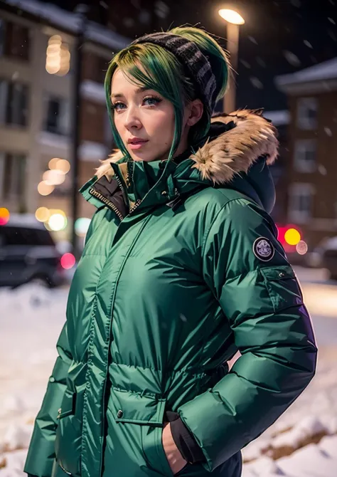 r4inp4ris, a woman with green hair wearing a parka in a snowstorm <lora:r4inp4ris:0.8>