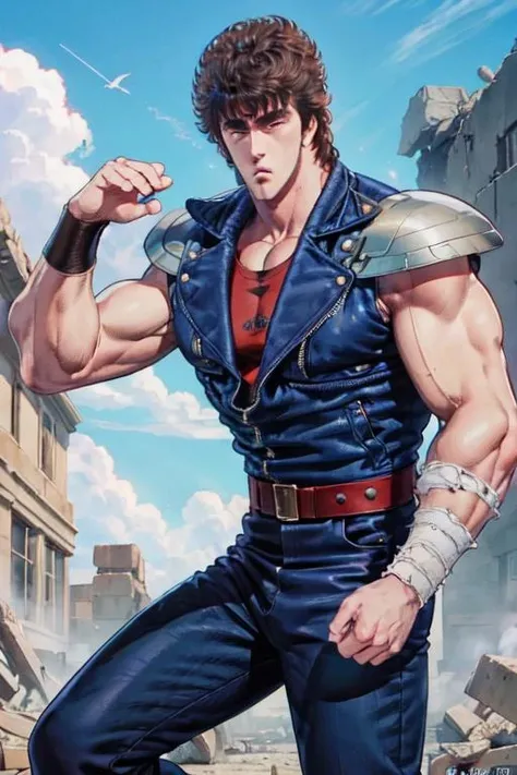 <lora:0009Hkenshirou:1>,kenshirou,black hair,blue jacket,rubble_ruins,red_undershirt,
