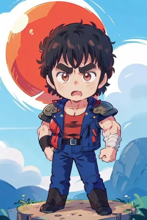 <lora:0009Hkenshirou:1>,kenshirou,black hair,red_undershirt,blue jacket,chibi,solo,
