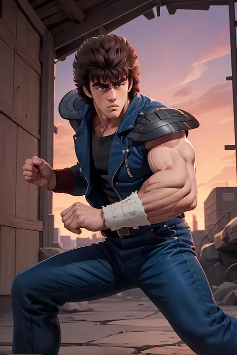 kenshirou,black hair,blue jacket,fighting_stance, <lora:0009Hkenshirou:0.8>,