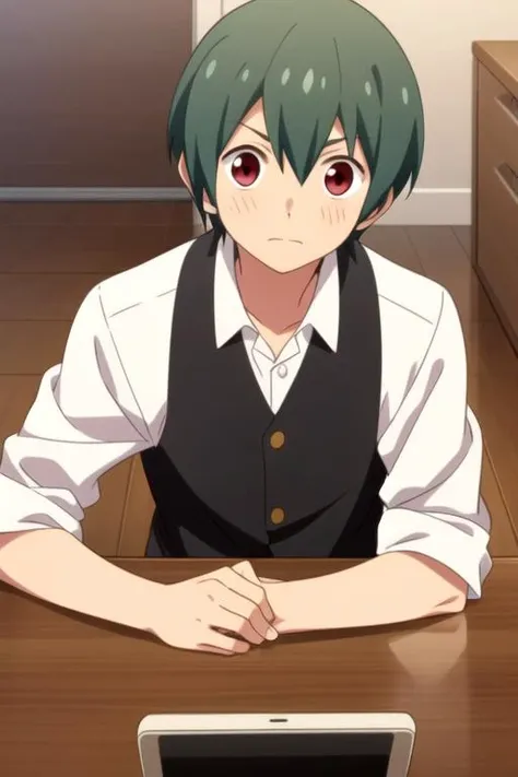 masterpiece, best quality, game cg, 1boy, solo, male focus, looking at viewer, , , anime coloring, , <lora:jun_furuya:0.66>, jun_furuya, green hair, red eyes