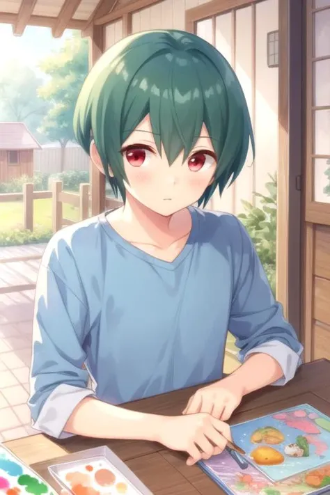 masterpiece, best quality, sketch, 1boy, solo, male focus, looking at viewer, upper body, , (watercolor illustration, soft pastel colors:1.1), , <lora:jun_furuya:0.68>, jun_furuya, green hair, red eyes, , chicken coop, Blu-ray