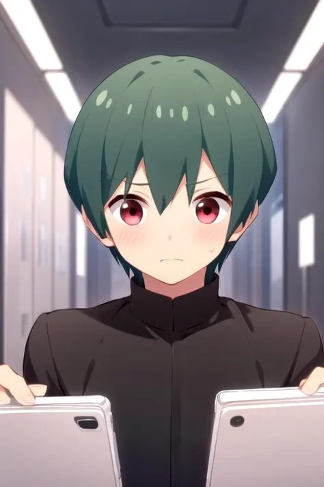 masterpiece, best quality, wallpaper, 1boy, solo, male focus, looking at viewer, upper body, depth of field, , , <lora:jun_furuya:0.72>, jun_furuya, green hair, red eyes, , space opera,