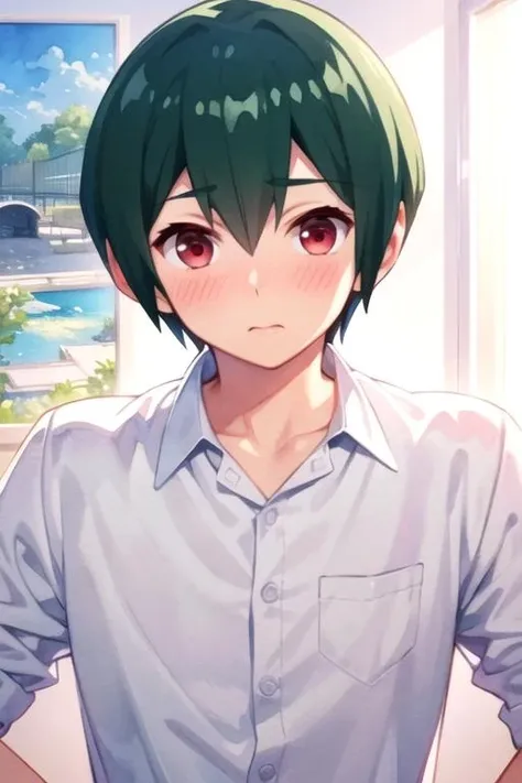 masterpiece, best quality, photorealistic, 1boy, solo, male focus, looking at viewer, , depth of field, (watercolor illustration, soft pastel colors:1.1), , <lora:jun_furuya:0.68>, jun_furuya, green hair, red eyes, , canal, 2k resolution