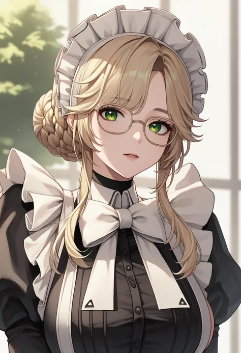 score_9, score_8_up, score_7_up, source_anime, BREAK 1girl, solo, <lora:ade-nikke-richy-v1_pdxl:1> ade, green eyes, glasses, blonde hair, bangs, braid, hair bun, maid, maid headdress, white bow, juliet sleeves, puffy sleeves, frills, large breasts