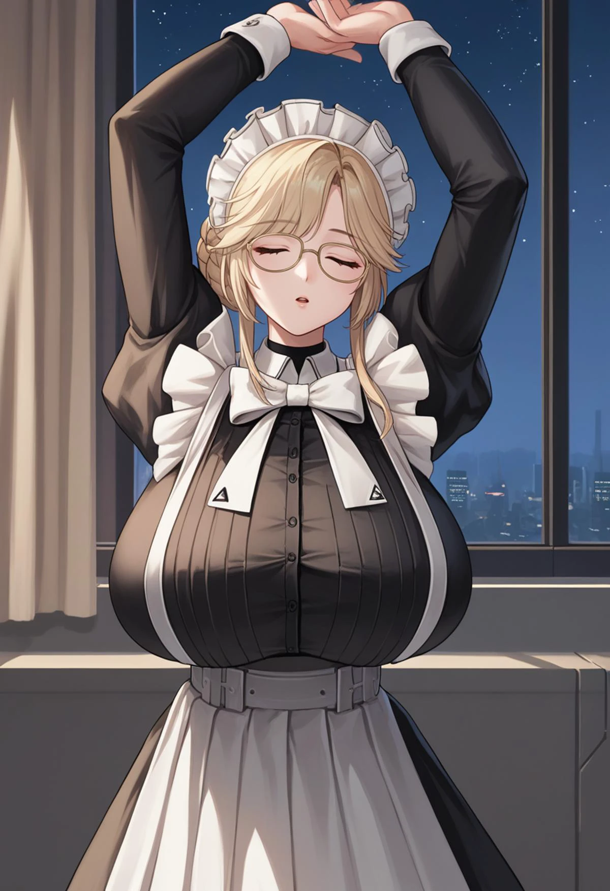 score_9, score_8_up, score_7_up, source_anime, BREAK 1girl, solo, <lora:ade-nikke-richy-v1_pdxl:1> ade, green eyes, glasses, blonde hair, bangs, braid, hair bun, maid, maid headdress, white bow, juliet sleeves, long sleeves, puffy sleeves, frills, maid apron, huge breasts, looking at viewer, arms up, stretching, parted lips, tired, open mouth, closed eyes, looking up, (night, dark, darkness, night sky:1.3), window, bedroom, science fiction, standing, bedside