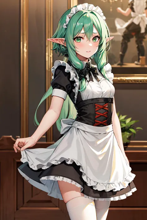 masterpiece, best quality, highres, 1girl, elf, pointy ears, green hair, long hair, sidelocks, hair bow, green eyes, small breasts, maid, maid headdress, maid apron, <lora:high_elf_archer_v1:0.6>, cowboy shot, standing, indoors,