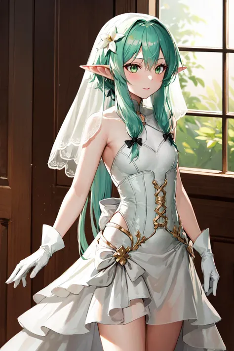 masterpiece, best quality, highres, 1girl, elf, pointy ears, green hair, long hair, sidelocks, hair bow, green eyes, small breasts, wedding dress, veil, white gloves, hair flower, <lora:high_elf_archer_v1:0.6>, cowboy shot, standing, indoors,