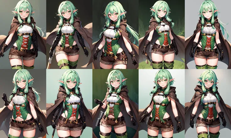 masterpiece, best quality, highres, 1girl, elf, pointy ears, green hair, long hair, green eyes, hair bow, black gloves, brown shorts, sidelocks, cloak, green thighhighs, short shorts, belt, small breasts, <lora:high_elf_archer_v1:0.6>, cowboy shot, standing, smile,