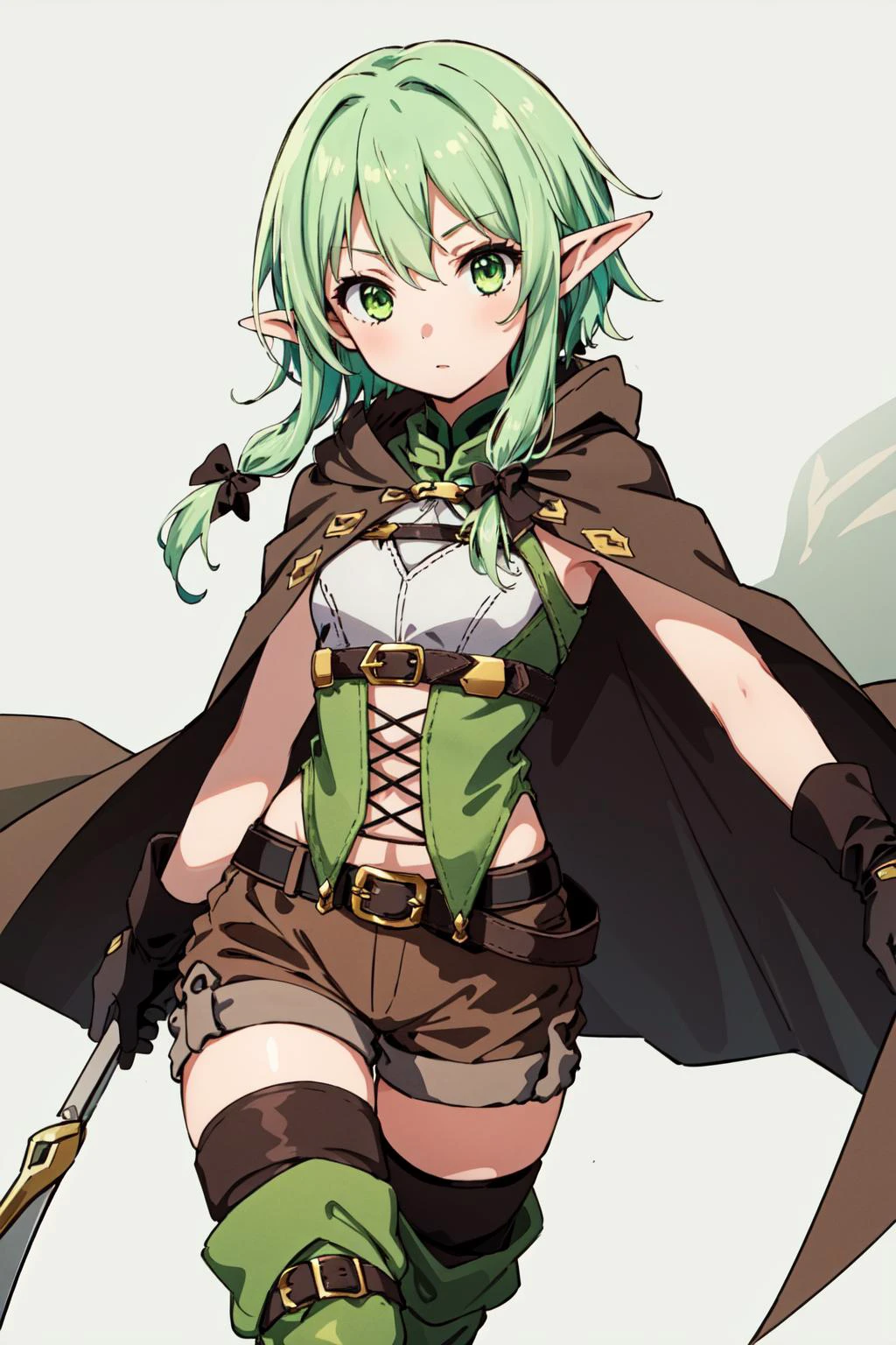 (masterpiece, best quality), intricate details,
<lora:high_elf_archer_final:0.6> 1girl, elf, pointy ears, green hair, long hair, sidelocks, hair bow, green eyes, small breasts, cloak, black gloves, brown shorts, green thighhighs, short shorts, belt,
