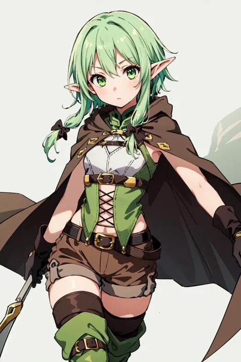 (masterpiece, best quality),  intricate details,
 <lora:high_elf_archer_final:0.6> 1girl, elf, pointy ears, green hair, long hair, sidelocks, hair bow, green eyes, small breasts, cloak, black gloves, brown shorts, green thighhighs, short shorts, belt,